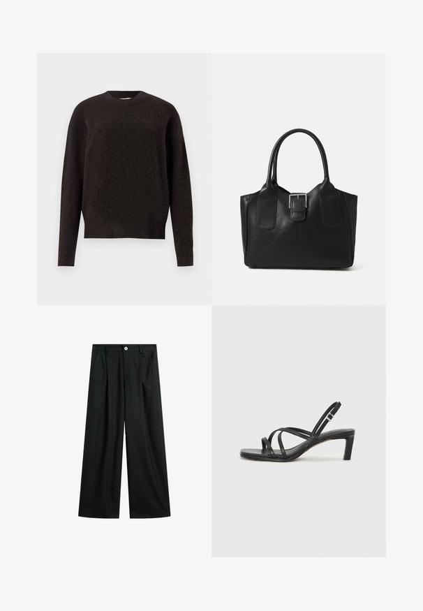 Samsøe Samsøe ANOUR - Strickpullover - black coffee; Schwarze weite Hose mit dezenten Nadelstreifen, vorderem Knopfverschluss, Gürtelschlaufen und seitlichen Taschen, flach auf weißem Hintergrund ausgelegt.; Schwarze Sandale mit Riemchen, quadratischer Zehenform und niedrigem Blockabsatz. Verfügt über mehrere dünne Riemen und einen verstellbaren Knöchelriemen. Hergestellt aus glattem Leder.; Schwarze Leder-Tote mit glatter Textur, strukturiertem Design, zwei Griffen und einem auffälligen silbernen Schnallen-Detail auf der Vorderseite.