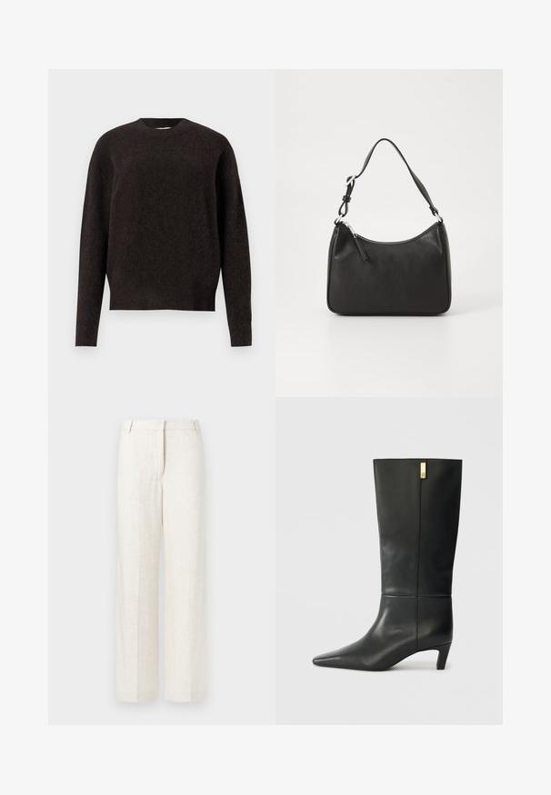 Samsøe Samsøe ANOUR - Maglione - black coffee; Pantaloni beige a gamba larga in un mix di lino, caratterizzati da una trama liscia, pieghe frontali classiche e tasche laterali per una maggiore funzionalità.; Stivale in pelle nera fino al ginocchio con punta affusolata e tacco basso. Presenta un design elegante con un dettaglio dorato. Texture liscia.; Borsa a tracolla in pelle nera con forma curva, una tracolla singola, chiusura con zip e marchio discreto sul fronte. Texture liscia, design minimalista.