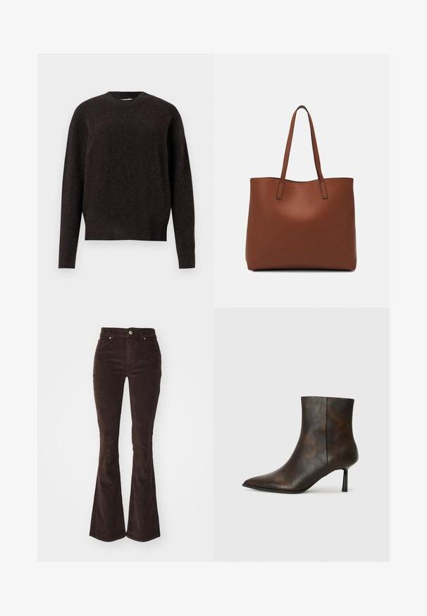 Samsøe Samsøe ANOUR - Svetr - black coffee; Vero Moda VMFLASH FLARED PANTS - Kalhoty - chocolate torte; Hnědé kožené kotníkové boty s špičatou špičkou, elegantním designem a tenkým černým podpatkem. Texturovaný povrch s jemným vzorem.; Hnědá kožená taška přes rameno s hladkou texturou, otevřeným designem a dvěma ramenními popruhy. Obsahuje minimální švy a žádné viditelné kovové prvky.