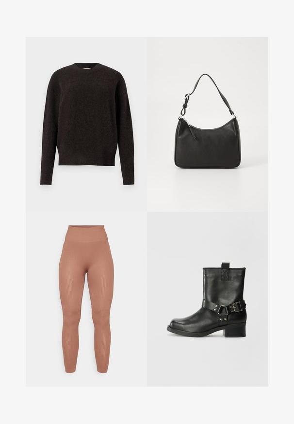 Samsøe Samsøe ANOUR - Džemperis - black coffee; Ribotos, aukšto juosmens leginsai šiltos, suplokštintos rudos spalvos. Pagaminti iš tamprios medžiagos, pasižymi tvirtai priglundančiu siluetu ir lygia tekstūra.; Samsøe Samsøe SABRENTA - Kaubojiški / motociklininko stiliaus aulinukai - black; Juoda odinė rankinė su išlenkta forma, viena dirželiu, užtrauktuko uždarymu ir subtiliu ženklinimu priekyje. Lygus paviršius, minimalistinis dizainas.