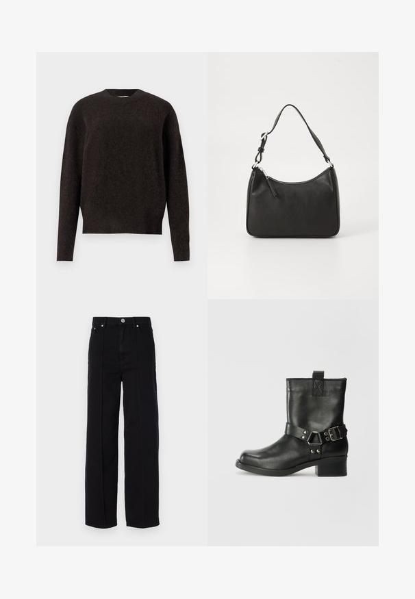Samsøe Samsøe ANOUR - Pulóver - black coffee; Fekete farmer széles lábú ceruzanadrág magas derékkal, öt zsebbel, fémből készült gombzárral és egyenes varrással az oldalak mentén.; Samsøe Samsøe SABRENTA - Cowboy/motoros bokacsizma - black; Fekete bőrtáska ívelt formával, egyetlen pánttal, cipzáras záródással és diszkrét logóval az elején. Simább textúra, minimalista dizájn.