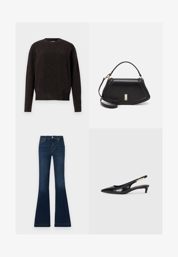 Samsøe Samsøe ANOUR - Pullover - black coffee; Jean évasé bleu marine en denim. Design taille haute, avec cinq poches et des coutures contrastées le long des coutures. Texture lisse, coupe classique.; Talons hauts en cuir noir avec un bout pointu, dotés d'un talon fin et d'un accent en ton or sur la lanière réglable. Texture lisse.; Sac à main en cuir noir avec un design structuré, featuring une forme cropped, une poignée supérieure et des accents en matériel doré. Bandoulière réglable incluse.