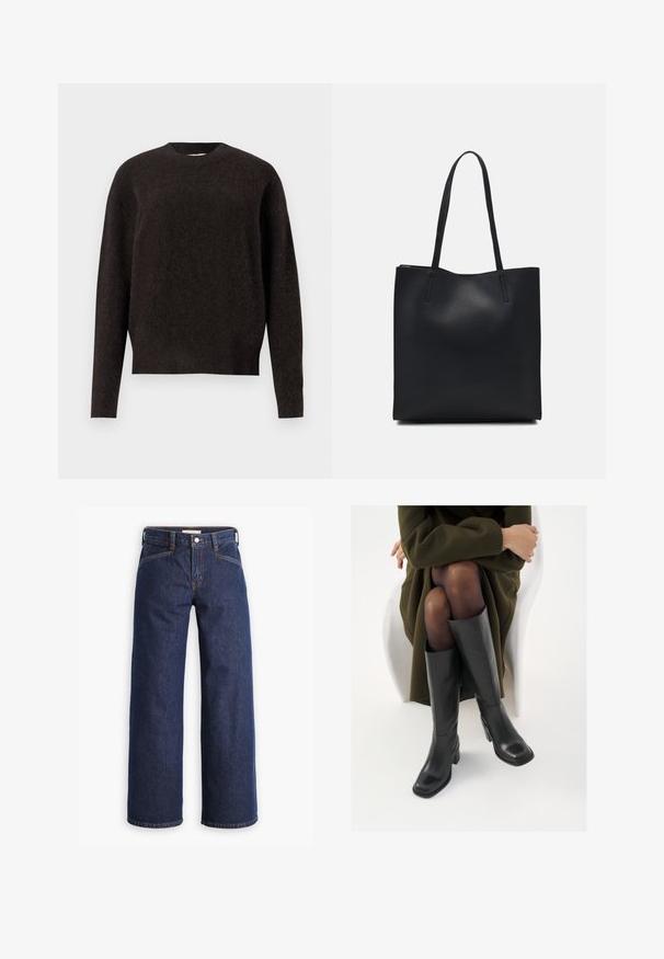 Samsøe Samsøe ANOUR  - Jersey de punto - black coffee; Vaqueros de mezclilla azul oscuro con cintura alta, corte recto y discreta costura naranja. Presentan un cierre frontal con botón y cremallera.; Botas de cuero negro hasta la rodilla con puntera cuadrada y tacón de bloque, presentadas con un modelo sentado en un abrigo verde oliva. Textura suave, mínimo detalle.; Bolso tote de cuero negro con textura lisa, forma rectangular y dos asas largas. Sin herrajes ni adornos visibles.