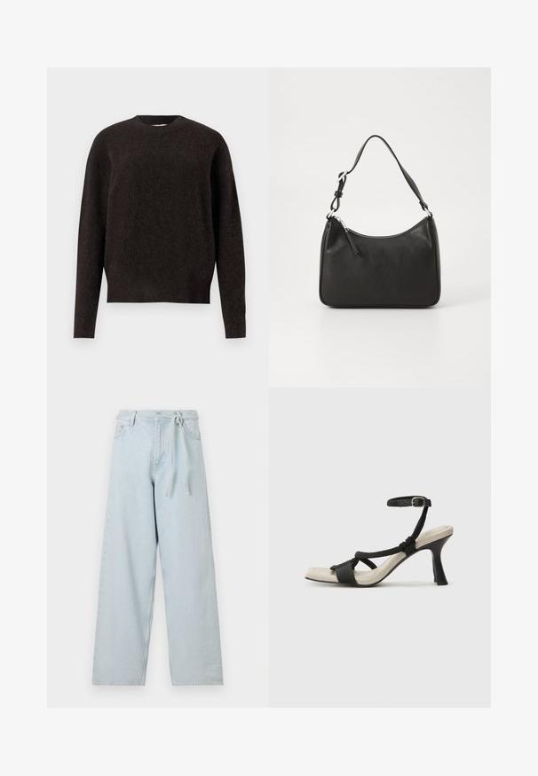 Samsøe Samsøe ANOUR - Pulover - black coffee; Svijetloplave široke traperice od denima, s visokim strukom, petljama za pojas i remenom na vezanje. Vidljive šavove duž nogu.; Črne sandale na visoki peti z prepletenim trakom, kvadratnim nosom in nastavljivim gležnjenjem. Svetlo bež podplat z sijajno črno peto.; Črna usnjena torba za roke s ukrivljenim oblikom, enim trakom, zadrgo in diskretnim blagovnim znamkom na sprednjem delu. Gladka tekstura, minimalističen dizajn.