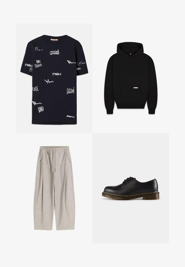 Sort hættetrøje med en frontlomme, ribbede manchetter og kant. Har en foret hætte og et lille mærke på lommen. Lavet af blødt stof.; Sort bomulds-T-shirt med hvide håndskrevne "Marni"-logoer i forskellige størrelser spredt over stoffet, rund halsudskæring og korte ærmer.; Lys grå sweatpants med elastisk talje, justerbar snøre, to sidelommer og løse, flagrende ben. Blød tekstur, plisseret design.; Sort lædersko med rund tå, snørebåndsdesign, gul syning langs sålen og en kraftig, tekstureret gummisål.