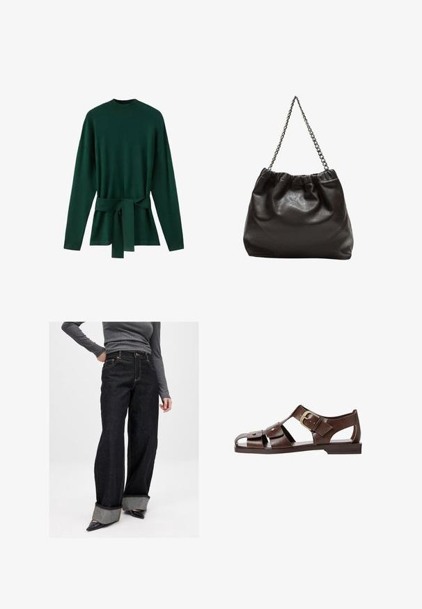 Vihreä neulepaita, jossa on korkea kaulus, pitkät hihat ja solmittava vyö vyötäröllä. Sileä rakenne ja rento istuvuus.; Mustat leveät farkut, joissa on erottuva harmaa cuff, kultaiset tikkausviivat ja perinteinen viiden taskun malli. Pehmeä denim-kangas, rento istuvuus.; Ruske nahkale sandale s izrezanim dizajnom, prilagodljivo sponko na strani in ravnim podplatom, z metalnimi detajli in odprtimi prsti.; Ruskea nahkainen laukku, jossa on kerätty yläosa ja ketjuhihna. Tasainen pinta, jossa kiiltävä viimeistely ja hienovaraiset sauman yksityiskohdat sivuilla.