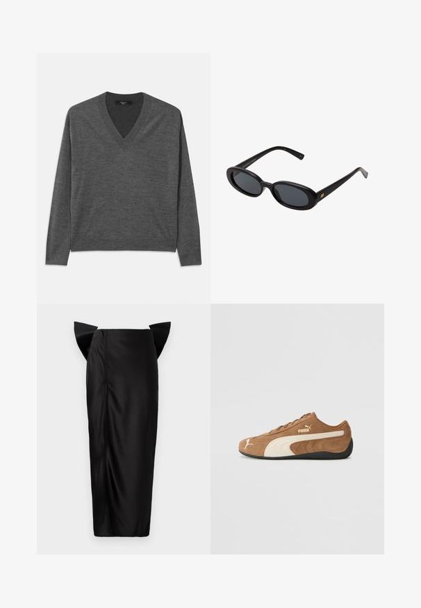 Grå V-ringad tröja med långa ärmar, gjord av mjukt material. Har en ribbad fåll och ärmar, enhetlig textur utan mönster.; Rak vit kortärmad t-shirt med rund halsringning och slim fit, lagd platt mot en vit bakgrund.; Svart midi kjol med en figursydd silhuett, som har unika utsvängda paneler vid höfterna, slät textur och sidodragkedjedetalj.; Bruna mockaskinn låga sneakers med krämfärgade detaljer, texturerad yta, svart gummisula och broderad logotyp på sidan och tungan.; Svarta överdimensionerade solglasögon med ovala linser, slät plastbåge och guldaccent på bågarna. Mörka linser ger solskydd.