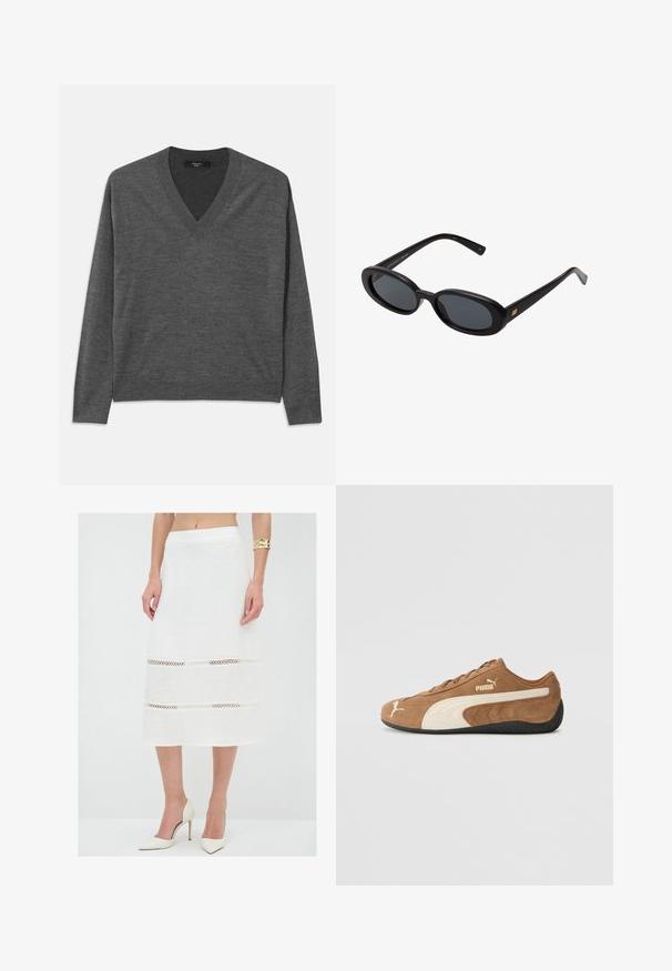 Szary sweter typu V-neck z długimi rękawami, wykonany z miękkiego materiału. Posiada ściągacz u dołu i na mankietach, jednolitą strukturę bez wzorów.; Prosta, biała koszulka z krótkim rękawem i okrągłym dekoltem, o dopasowanym kroju, zaprezentowana na płasko na białym tle.; Biała lniana spódnica o prostym kroju, z detalami w postaci szydełkowych wzorów w dwóch poziomych pasach. Wykończony dół i gładka tekstura.; Brązowe zamszowe niskie sneakersy z kremowymi akcentami, teksturowana powierzchnia, czarna gumowa podeszwa oraz wyhaftowane logo z boku i na języku.; Czarne, oversize okulary przeciwsłoneczne z owalnymi soczewkami, gładkim plastikowym mostkiem i złotymi akcentami na zausznikach. Ciemne soczewki zapewniają ochronę przed słońcem.