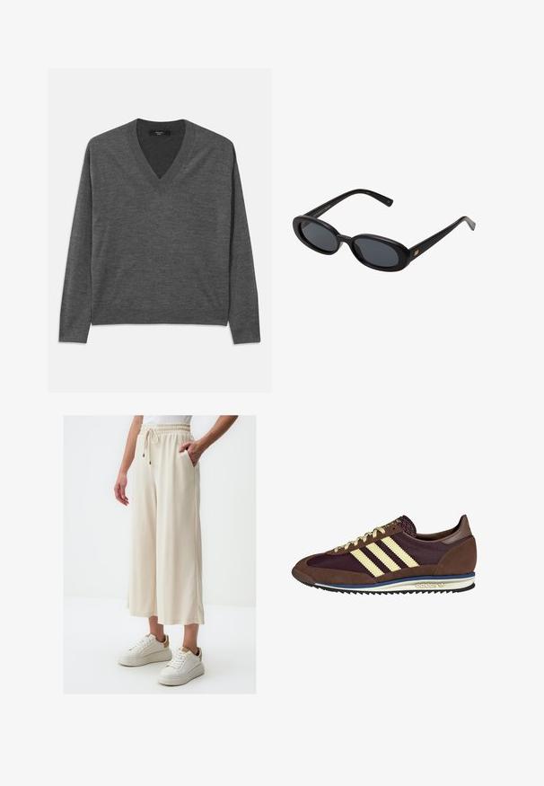 Gray V-neck sweater with long sleeves, made of soft material. Features a ribbed hem and cuffs, uniform texture without patterns.; Plain white short-sleeve crew neck t-shirt with a slim fit, displayed flat against a white background.; Cream wide-leg pants with an elastic waistband and drawstring detail. Features side pockets and a soft, smooth texture. Paired with white sneakers.; Brown and burgundy sneaker with suede and mesh materials, featuring three cream stripes, textured fabric on the tongue, and a rubber sole.; Black oversized sunglasses with oval lenses, smooth plastic frame, and gold accents on temple. Dark lenses provide sun protection.; Woven, cream-colored bag set featuring a larger handbag with a rounded handle and a smaller pouch with a strap, both with uniform texture.