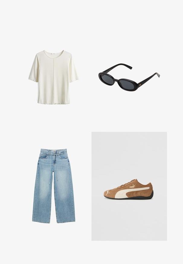 Grauer V-Ausschnitt-Pullover mit langen Ärmeln, aus weichem Material. Verfügt über einen gerippten Saum und Manschetten, gleichmäßige Textur ohne Muster.; Kurzärmlige weiße Bluse aus weichem Stoff, mit Rundhalsausschnitt, einer Mittelnaht sowie rüschengesäumten Säumen und Ärmelkanten.; Hellblaue, weit geschnittene Jeans mit hoher Taille, zwei Fronttaschen, Reißverschluss und einem Stoffbindeband an der Taille. Klassische Denimstruktur.; Braune Wildleder-Low-Top-Sneaker mit cremefarbenen Akzenten, strukturierter Oberfläche, schwarzer Gummisohle und gesticktem Logo an der Seite und Zunge.; Schwarze, oversized Sonnenbrillen mit ovalen Gläsern, glattem Kunststoffrahmen und goldenen Akzenten an den Bügeln. Die dunklen Gläser bieten Sonnenschutz.; Geflochtenes, cremefarbenes Taschen-Set, bestehend aus einer größeren Handtasche mit rundem Griff und einer kleineren Tasche mit einem Riemen, beide mit einheitlicher Textur.