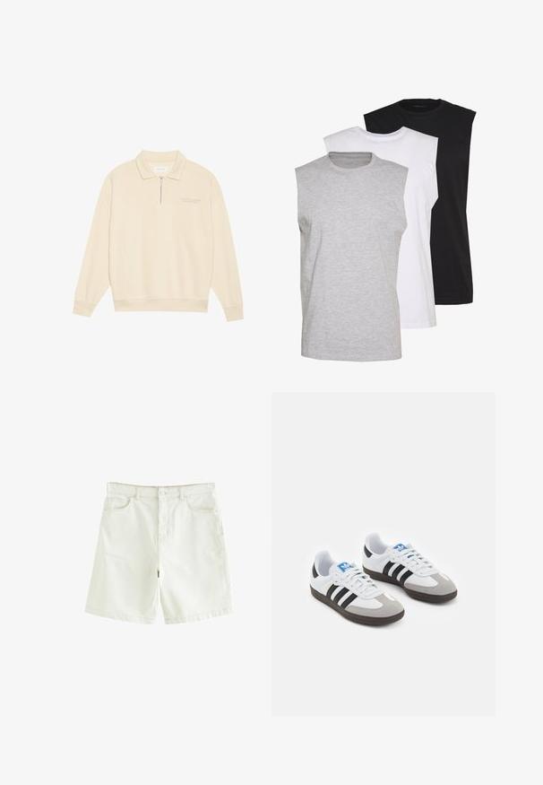 Beige pusero, jossa on vetoketjukaulus, valmistettu pehmeästä kankaasta. Varusteena ribbausvarret ja hillitty kirjailu rinnassa. Suora leikkaus.; Kolme ilmanhihaista t-paitaa harmaana, valkoisena ja mustana. Pehmeä puuvillakangas, pyöreä pääntie ja rento malli. Yksinkertainen muotoilu, ei kuvioita.; Valkoiset denim-shortsit suoran leikkauksen kanssa, joissa on viisi taskua, edessä nappisulkimella ja näkyvillä ompeilla. Sileä pinta.; Urheilukengät, joissa on valkoinen nahkainen päällinen, harmaa mokkanokka ja kolme mustaa raitaa. Ominaisuuksina sininen logo kielekkeessä ja kuvioitu kumipohja.