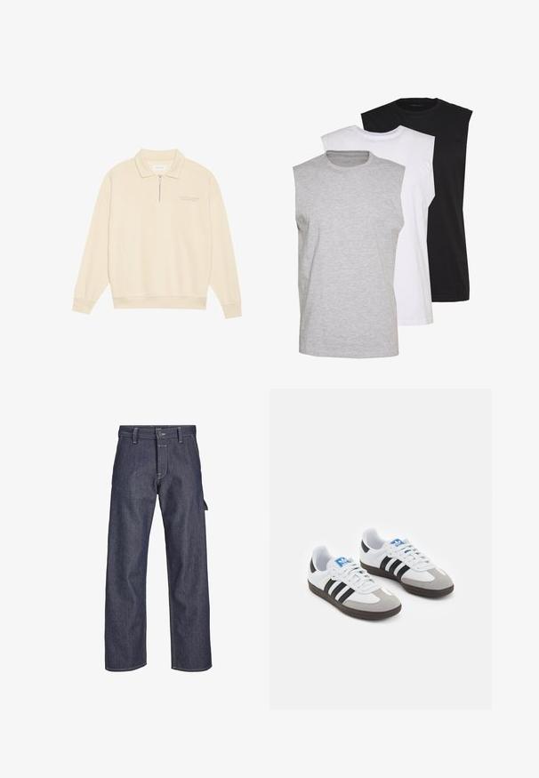 Beige pulóver so zipsovým golierom, vyrobený z mäkkej látky. Vlastnosti ribbených rukávov a subtílne vyšívané detaily na hrudi. Priamy strih.; Tričko bez rukávov v šedé, bílé a černé barvě. Měkký bavlněný materiál s kulatým výstřihem a volným střihem. Jednoduchý design, bez vzorů.; Džínsy v tmavomodrej farbe so strihom rovného nohavice, predným zapínaním na gombík, kontrastným prešívaním a detailom bočnej vrecka.; Športové topánky s bielym koženým zvrškom, šedou semišovou špičkou a tromi čiernymi pruhmi. Obsahujú modré logo na jazyku a štruktúrovanú gumovú podrážku.
