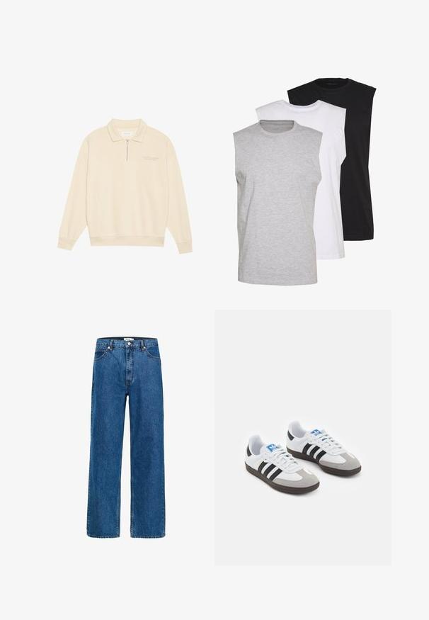 Beige tröja med dragkedja vid kragen, tillverkad av mjukt tyg. Har ribbade ärmslut och en subtil broderad detalj på bröstet. Rakt skuren design.; Tre ärmlösa t-shirts i grått, vitt och svart. Mjukt bomullsmaterial med rundad halsringning och avslappnad passform. Enkelt design, inga mönster.; Breda jeans i mörkblå denim. Har fem fickor, knappstängning och subtil sömnad. Slät textur med minimal blekning.; Sportskor med överdel i vit läder, grå mocka på tårna och tre svarta ränder. Har en blå logotyp på tungan och en texturerad gummisula.