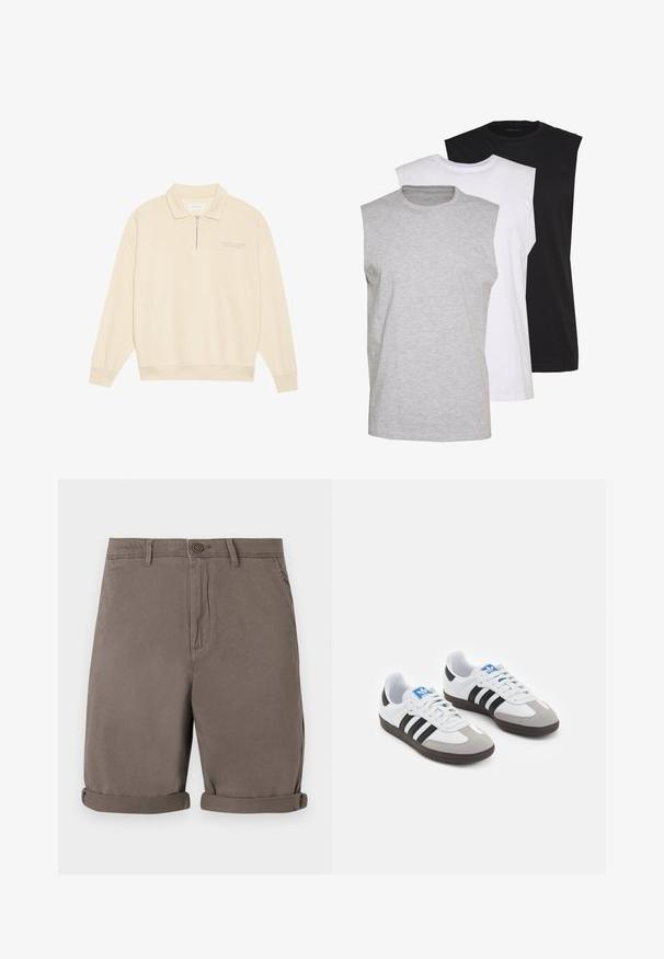 Beżowy sweter z zamkiem przy kołnierzu, wykonany z miękkiego materiału. Posiada żebrowane mankiety oraz subtelny wyszywany detal na piersi. Prosty krój.; Trzy bezrękawniki w kolorach szarym, białym i czarnym. Wykonane z miękkiej bawełny, z okrągłym dekoltem i luźnym krojem. Prosty design, bez wzorów.; Brązowe szorty bawełniane o prostym kroju, z zapięciem na guzik i podwiniętymi mankietami. Gładka tekstura, brak widocznych wzorów czy akcentów.; Buty sportowe z białą skórzaną cholewką, szarym zamszowym noskiem i trzema czarnymi paskami. Posiadają niebieskie logo na języku oraz teksturowaną gumową podeszwę.