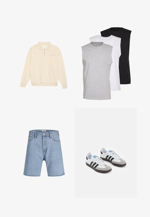 Beige pulóver so zipsovým golierom, vyrobený z mäkkej látky. Vlastnosti ribbených rukávov a subtílne vyšívané detaily na hrudi. Priamy strih.; Tričko bez rukávov v šedé, bílé a černé barvě. Měkký bavlněný materiál s kulatým výstřihem a volným střihem. Jednoduchý design, bez vzorů.; Jack & Jones ITONY ORIGINAL - Denimové šortky - blue denim; Športové topánky s bielym koženým zvrškom, šedou semišovou špičkou a tromi čiernymi pruhmi. Obsahujú modré logo na jazyku a štruktúrovanú gumovú podrážku.