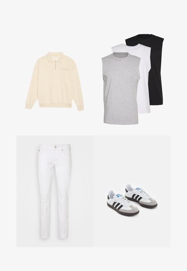 Beige pulóver, cipzáros gallérral, puha anyagból készült. Rugalmas mandzsetták jellemzik, és finom hímzett részlet található rajta a mellen. Egyenes szabású.; Három ujjatlan póló szürke, fehér és fekete színben. Puha pamut anyag, kerek nyakkivágással és laza szabással. Egyszerű dizájn, minta nélkül.; Fehér, slim fit farmerek klasszikus öt zsebes kialakítással, gombos zipzárral és diszkrét varrási részletekkel.; Fehér bőr felsőrészes sportcipő, szürke velúrból készült orral és három fekete csíkkal. Jellemzője a kék logó a nyelvén és egy texturált gumitalp.