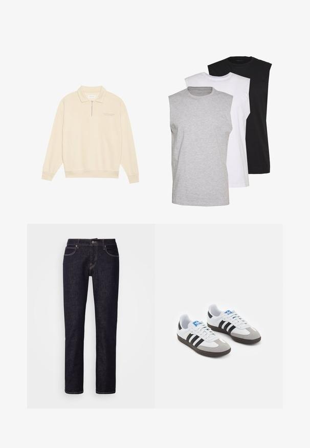 Beige pullover, millel tõmblukk, pehmest kangast. Omab ribakäeääre ja diskreetset tikandit rinnal. Sirge lõikega disain.; Kolm ilma varrukat särk hallis, valges ja mustas värvios. Pehme puuvillane materjal, ümar kaelus ja mugav lõige. Lihtne disain, ilma mustriteta.; Tumesinine denim teksad sirge sääre disainiga, viis taskut ja kontrastõmblustega. Omab nööbikatet ja vööd. ; Spordijalatsid valge nahkpealsega, halli nubuk-naha otsaga ja kolme musta triibuga. Omab sinist logo keele peal ja struktureeritud kummitalda.