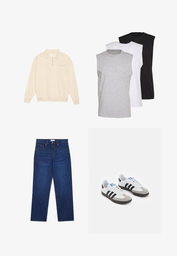 Beige pullover, millel tõmblukk, pehmest kangast. Omab ribakäeääre ja diskreetset tikandit rinnal. Sirge lõikega disain.; Kolm ilma varrukat särk hallis, valges ja mustas värvios. Pehme puuvillane materjal, ümar kaelus ja mugav lõige. Lihtne disain, ilma mustriteta.; Tumed sinised teksad otse jalgadega, mis sisaldavad nupuklappi ja lukku, viit taskut ning nähtavaid õmbluse detaile.; Spordijalatsid valge nahkpealsega, halli nubuk-naha otsaga ja kolme musta triibuga. Omab sinist logo keele peal ja struktureeritud kummitalda.