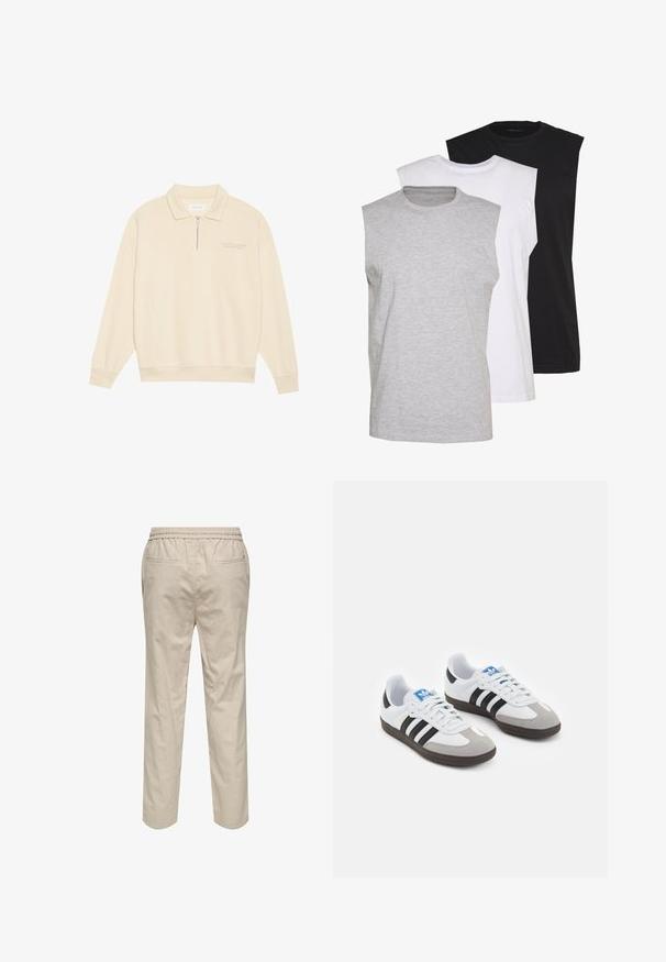 Beige pullover med lynlås krave, lavet af blødt stof. Har ribbede manchetter og en diskret broderet detalje på brystet. Lige skåret design.; Tre ærmeløse t-shirts i grå, hvid og sort. Blødt bomuldsmateriale med rund hals og afslappet pasform. Enkel design, ingen mønstre.; Lys beige bomuldsbukser med elastisk talje, to sidelommer og lige ben. Glat tekstur med minimal dekorering.; Sportsko med en overdel i hvid læder, grå ruskind på tåen og tre sorte striber. Har et blåt logo på tungen og en struktureret gummisål.