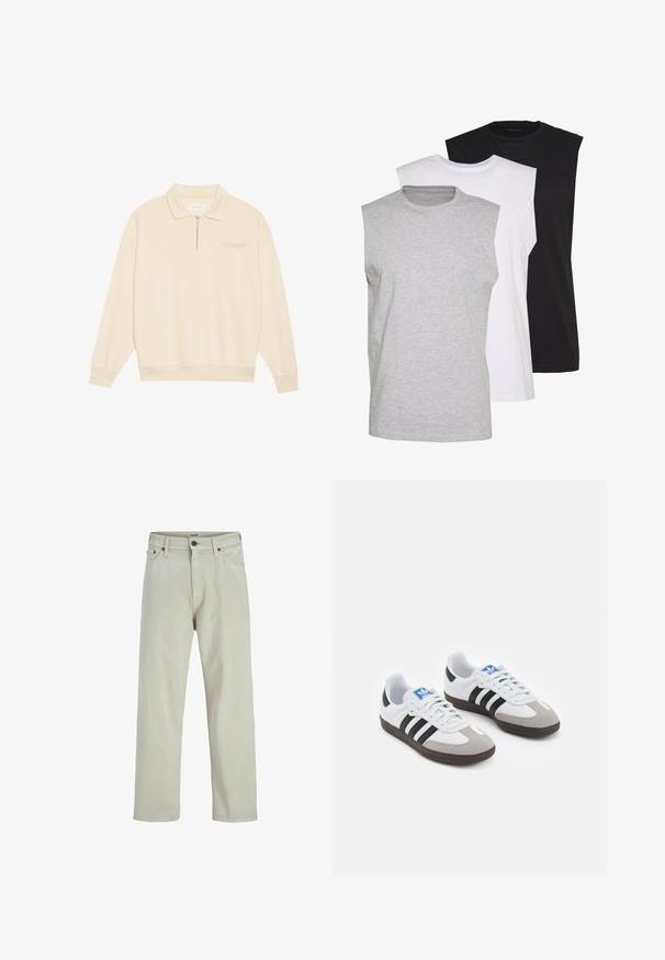 Bež pulover s rajsko ovratnikom, narejen iz mehke tkanine. Ima rebraste manšete in subtilno vezenino na prsih. Ravna krojena zasnova.; Tri brezrokavne majice v sivi, beli in črni barvi. Mehka bombažna tkanina s krojnim ovratnikom in sproščenim fit. Enostavna zasnova, brez vzorcev.; Svetlo bež kavbojke s ravnim krojem, petimi žepi in zapiranjem na gumb pri pasu, ki vključujejo minimalne šivane detajle.; Športni čevlji z belim usnjenim zgornjim delom, sivim semišem na prstih in tremi črnimi črtami. Imajo modro logo na jeziku in teksturiran gumijast podplat.