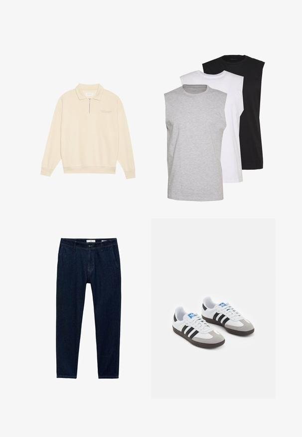 Bež pulover s rajsko ovratnikom, narejen iz mehke tkanine. Ima rebraste manšete in subtilno vezenino na prsih. Ravna krojena zasnova.; Tri brezrokavne majice v sivi, beli in črni barvi. Mehka bombažna tkanina s krojnim ovratnikom in sproščenim fit. Enostavna zasnova, brez vzorcev.; Temno modri traper hlače s ravnim krojem. Značilnosti vključujejo pet žepov, zanke za pas in zadrgo z gumbom za zapiranje.; Športni čevlji z belim usnjenim zgornjim delom, sivim semišem na prstih in tremi črnimi črtami. Imajo modro logo na jeziku in teksturiran gumijast podplat.