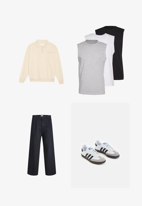 Beige genser med glidelås krage, laget av mykt stoff. Har ribbestrikkede mansjetter og en subtil brodert detalj på brystet. Rett snitt design.; Tre sleeveless t-skjorter i grått, hvitt og svart. Mykt bomullsmateriale med rund hals og avslappet passform. Enkel design, uten mønstre.; Mørkeblå vide bukser lavet af vævet stof, med knaplukning og plisseret frontdesign. Glat tekstur, ingen synlige mønstre.; Sportssko med en hvit skinnoverdel, grå semsket tå og tre svarte striper. Har en blå logo på tungen og en teksturert gummisåle.