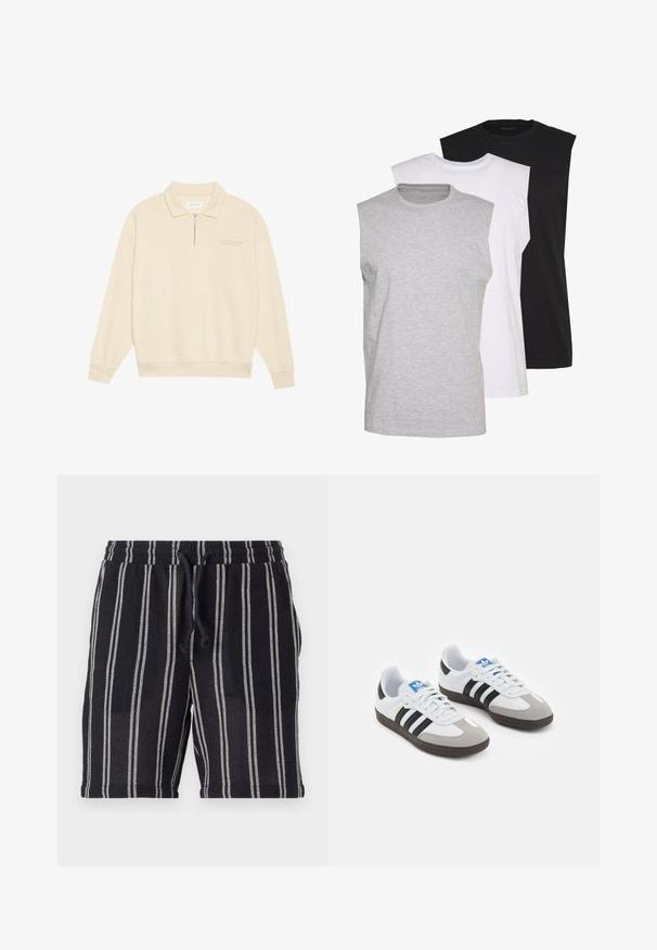 Bež pulover s ovratnikom na zadrgo, napravljen od mekog materijala. Ima rebraste rukave i suptilan izvezen detalj na prsima. Ravno krojena konstrukcija.; Trii bezrukavnih majica u sivoj, bijeloj i crnoj boji. Mekani pamučni materijal s okruglim izrezom i opuštenim krojem. Jednostavan dizajn, bez uzoraka.; Crno-bijele prugaste kratke hlače s elastičnim pojasom, zatvaranjem na vezicu i teksturiranim materijalom. Duljina do sredine bedara.; Sportske cipele s gornjištem od bijele kože, sivi suedinasti nos i tri crne pruge. Imaju plavi logo na jeziku i teksturiranu gumenu podlogu.