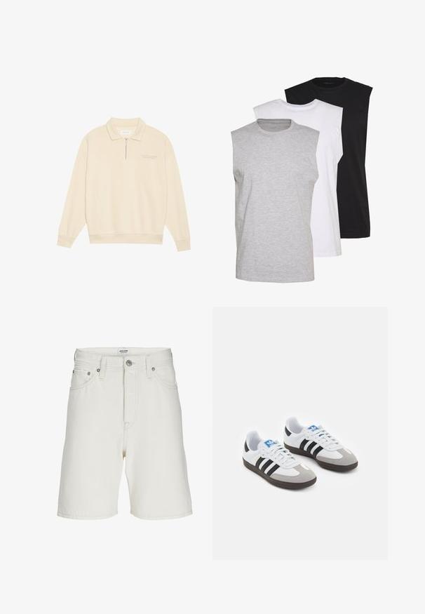 Beige pullover med lynlås krave, lavet af blødt stof. Har ribbede manchetter og en diskret broderet detalje på brystet. Lige skåret design.; Tre ærmeløse t-shirts i grå, hvid og sort. Blødt bomuldsmateriale med rund hals og afslappet pasform. Enkel design, ingen mønstre.; Hvide denimshorts med lige snit, der har lynlås i front, fem lommer og metalbeslag til lukning og detaljer.; Sportsko med en overdel i hvid læder, grå ruskind på tåen og tre sorte striber. Har et blåt logo på tungen og en struktureret gummisål.