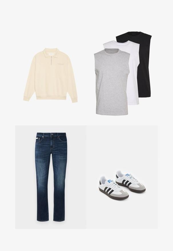 Beige pullover, millel tõmblukk, pehmest kangast. Omab ribakäeääre ja diskreetset tikandit rinnal. Sirge lõikega disain.; Kolm ilma varrukat särk hallis, valges ja mustas värvios. Pehme puuvillane materjal, ümar kaelus ja mugav lõige. Lihtne disain, ilma mustriteta.; Tumed sinine denimist teksades, sirge jala lõikega, klassikalise viie taskuga disainiga, pronksist riistadega ja peente kulumisdetailidega.; Spordijalatsid valge nahkpealsega, halli nubuk-naha otsaga ja kolme musta triibuga. Omab sinist logo keele peal ja struktureeritud kummitalda.