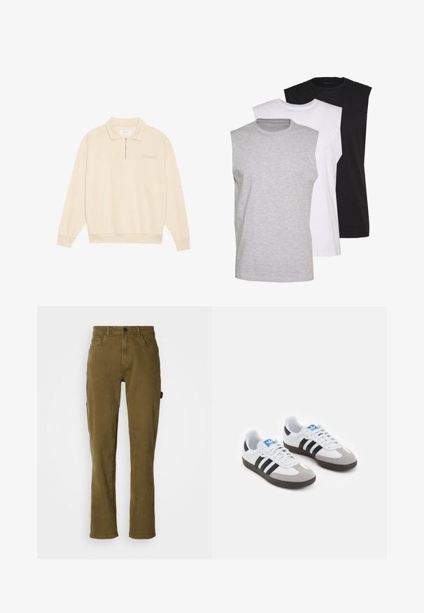 Suéter beige con cuello con cremallera, fabricado en una tela suave. Presenta puños acanalados y un sutil detalle bordado en el pecho. Diseño de corte recto.; Tres camisetas sin mangas en gris, blanco y negro. Material de algodón suave con cuello redondo y corte relajado. Diseño simple, sin patrones.; Pantalones de algodón verde oliva con corte recto, que cuentan con un cierre delantero de botón y bolsillos laterales. Textura suave y diseño limpio.; Zapatillas deportivas con parte superior de piel blanca, puntera de ante gris y tres rayas negras. Presentan un logo azul en la lengüeta y una suela de goma texturizada.