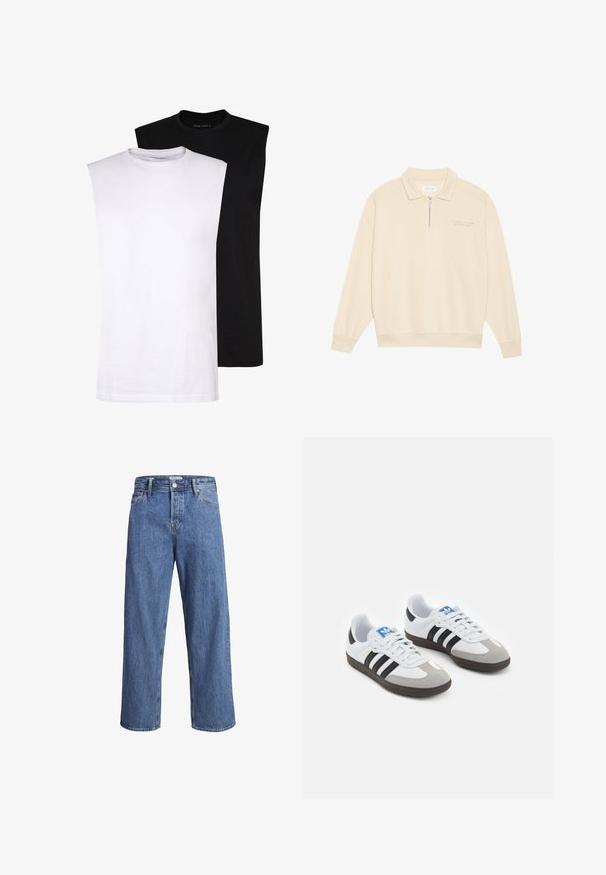 Bež pulover s rajsko ovratnikom, narejen iz mehke tkanine. Ima rebraste manšete in subtilno vezenino na prsih. Ravna krojena zasnova.; Bela in črna brezrokavna bombažna majica z okroglim izrezom, gladka tekstura in minimalističen dizajn. Primerna za različne priložnostne nastavitve.; Svijetloplave traperice s ravnim nogavicama, visokim strukom i minimalnim detaljima šivanja. Tkanina ima mekan, blago izblijedjeli izgled.; Športni čevlji z belim usnjenim zgornjim delom, sivim semišem na prstih in tremi črnimi črtami. Imajo modro logo na jeziku in teksturiran gumijast podplat.