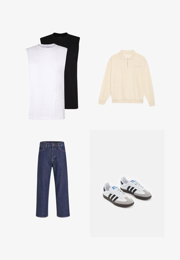 Beige pullover met een ritskraag, gemaakt van zachte stof. Voorzien van geribde manchetten en een subtiele geborduurde detail op de borst. Recht gesneden ontwerp.; Witte en zwarte mouwloze katoenen T-shirts met ronde hals, een gladde textuur en een minimalistisch ontwerp. Geschikt voor verschillende casual settings.; Donkerblauwe spijkerbroek met een rechte snit, vijf zakken, een metalen knoopsluiting en contrasterende stiksels, met een subtiele textuur.; Sportschoenen met een witte leren bovenkant, grijze suède neus en drie zwarte strepen. Bevat een blauw logo op de tong en een gestructureerde rubberen zool.