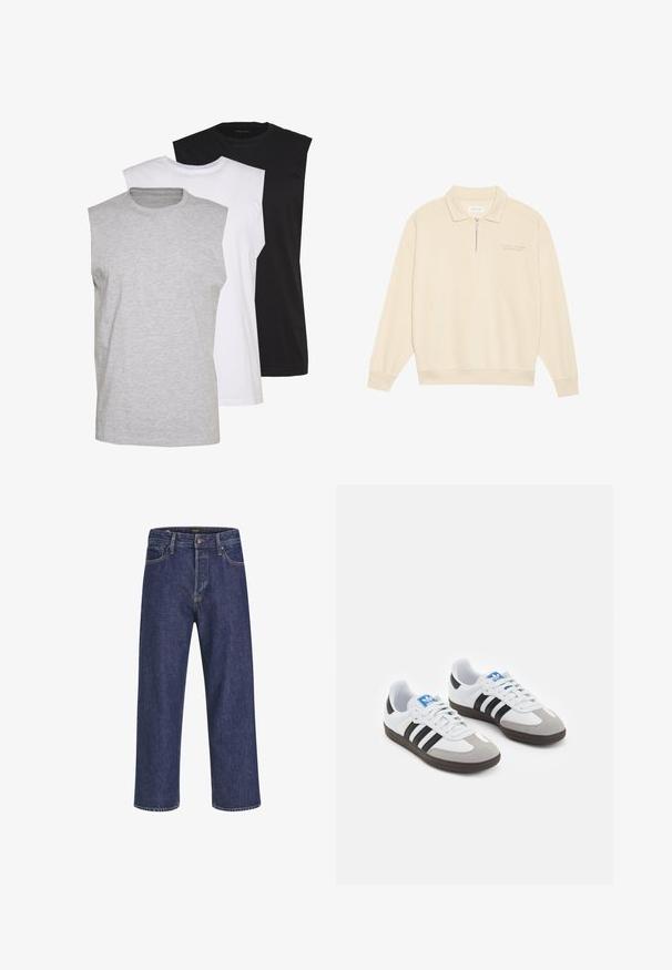 Bežs pulovers ar rāvējslēdzēja apkakli, izgatavots no mīksta auduma. Ietver ribotu aproču un smalku izšuvumu uz krūtīm. Taisnas griezuma dizains.; Trīs bezpiedurkņu T-krekli pelēkā, baltā un melnā krāsā. Mīksts kokvilnas materiāls ar apaļu kakla izgriezumu un brīvu piegriezumu. Vienkāršs dizains, bez rakstiem.; Tumši zili džinsu bikses ar taisnu piegriezumu, piecu kabatu dizainu, metāla pogas aizdari un kontrastējošām šuvēm, ar smalku faktūru.; Sporta apavi ar balto ādas virsu, pelēku zamšādas purngalu un trim melnām svītrām. Iezīmē zilu logotipu uz mēles un teksturētu gumijas zoli.