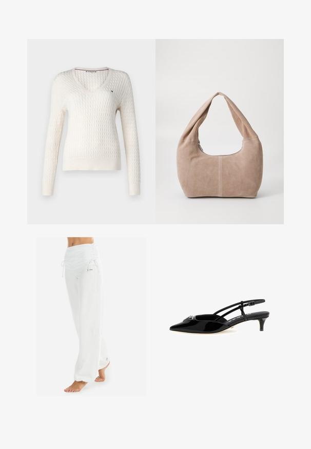 Suéter blanco de punto con escote en V y mangas largas. Presenta un patrón texturizado de diamantes y un pequeño logo en el lado izquierdo del pecho.; Camisola de color verde claro, texturizada, con un dobladillo acampanado, tirantes ajustables en forma de cruz y un diseño de escote en V. Presenta un patrón sutil.; Pantalones blancos de corte holgado con cintura fruncida y cordón. Textura suave con costuras laterales, diseñados para la comodidad y la movilidad.; Tacón slingback de charol negro, punta afilada, tirante delgado en el tobillo con hebilla, tacón pequeño y embellcimiento decorativo en el empeine.; Bolso hobo hecho de un material suave de ante en un color beige claro. Presenta una forma redondeada con una correa ancha y cierre de cremallera.