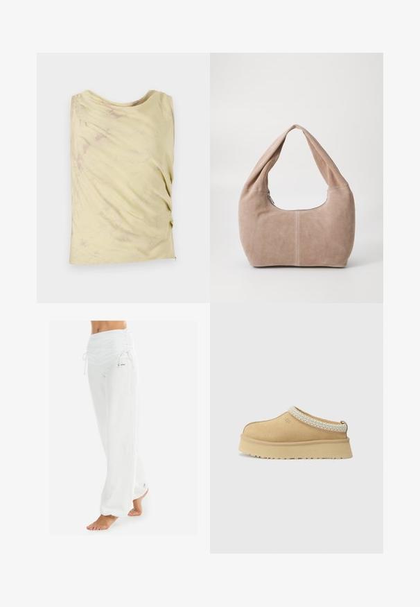 Biały sweter dzianinowy z dekoltem w serek i długimi rękawami. Posiada strukturalny wzór w romby oraz małe logo na lewej piersi.; Jasnożółty top bez rękawów z marszczonym wzorem i subtelną marmurkową teksturą. Posiada luźny krój i okrągły dekolt.; Białe, luźne spodnie z marszczonym pasem i sznurkiem. Gładka tekstura z bocznymi szwami, zaprojektowane dla komfortu i swobody ruchów.; Sandały slip-on w kolorze tan z wyściełanym kołnierzem i teksturowanym, jasnoniebieskim akcentem. Posiadają grubą, trwałą podeszwę z wzorzystym bieżnikiem.; Torebka typu hobo wykonana z miękkiego, zamszowego materiału w jasnym beżowym kolorze. Charakteryzuje się zaokrąglonym kształtem, szerokim paskiem oraz zapięciem na zamek.