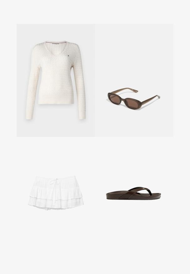 Fehér, kötött pulcsi V nyakkal és hosszú ujjal. Szegett gyémánt mintázattal és egy kis logóval a bal mellrészen.; Fehér ujjatlan felső állítható pántokkal, testhez simuló kivitel, sima szövettextúra és kerek nyakkivágás. Nincsenek minták vagy fémrészek.; Fehér, réteges szoknya három fodros résszel, elasztikus derékbőséggel és húzózsinórral. Könnyű, texturált anyagból készült.; Barna pántos szandál vastag, sima talppal és keresztpántos dizájnnal. Szintetikus anyagból készült, a talpa texturált a jobb tapadás érdekében.; Barna ovális napszemüveg sötét lencsékkel. A keret átlátszó barna anyagból készült, és logóval van nyomtatva a szárakon.; Szőtt bézs tote táska laza kialakítással és egyetlen vállpánttal. A felületén textúrált minta található.