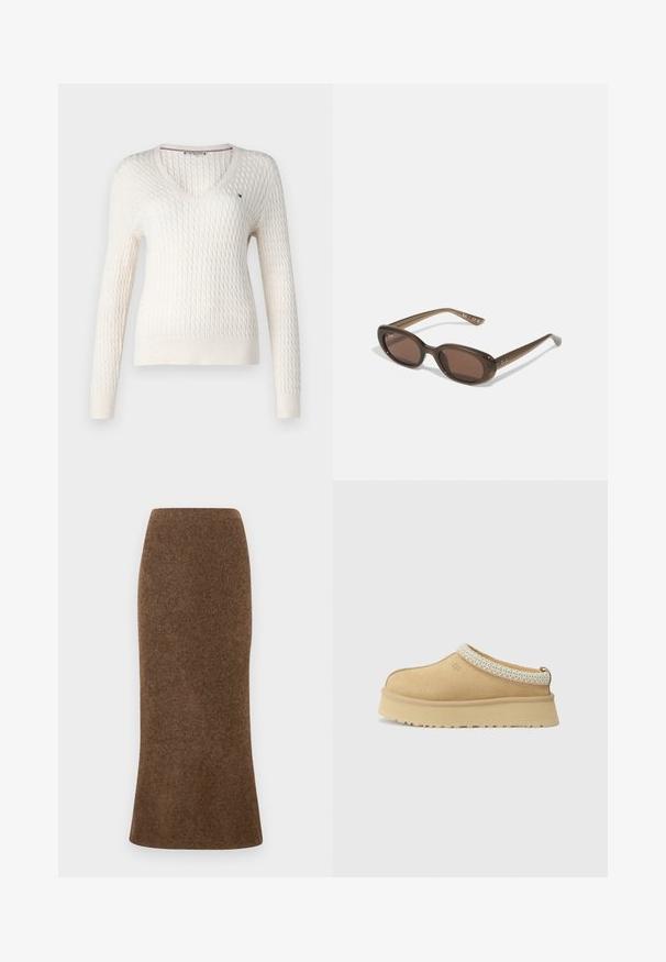 Balta adīta džemperis ar V veida kakla izgriezumu un garām piedurknēm. Tam ir teksturēta dimanta raksts un mazs logo kreisajā krūtī.; Balta bez piedurknēm blūze ar regulējamām siksnām, pieguļošs dizains, gluda auduma tekstūra un apaļa kakla izgriezums. Nav rakstu vai metāla detaļu.; Brūna, pieguļoša vilnas svārku ar izplestu apakšmalu, attēlojot maigu, teksturētu audumu. Nav redzamu aizdaru vai rotājumu.; Tan zamšādas slēgtas kurpes ar mīkstu apkakli un teksturētu gaiši zilu akcentu. Iespējama bieza, izturīga zole ar rakstu profilu.; Brūni ovāli saulesbrilles ar tumšiem lēcu tonijiem. Rāmim ir caurspīdīga brūna materiāla uzbūve, un uz tempļiem ir drukāts logo.; Austa bežā auduma soma ar mīkstu dizainu un vienu pleca siksnu. Virsma rotāta ar teksturētu rakstu.