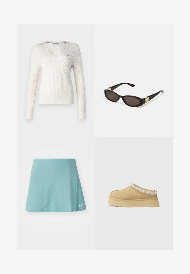 Bílý pletený svetr s výstřihem do V a dlouhými rukávy. Má strukturovaný diamantový vzor a malé logo na levé straně hrudi.; Bílý tílko bez rukávů s nastavitelnými ramínky, přiléhavý design, hladká textilie a kulatý výstřih. Žádné vzory ani kovové detaily.; Světlomodrá sportovní sukně vyrobená z hladké, elastické tkaniny. Má boční rozparek a malé bílé logo Nike na spodní přední části.; Světlé semišové nazouvací boty s polstrovaným límcem a texturovaným světle modrým akcentem. Vybaveny silnou, odolnou podrážkou s vzorovaným profilem.; Brýle sluneční s kočičím vzorem, prodloužené oválné čočky, hnědý odstín, zlaté logo na spáncích a elegantní černé nožičky.