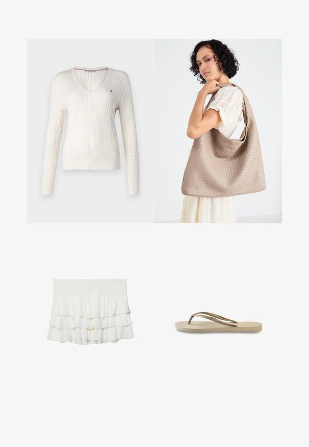 Pull en tricot blanc avec un col en V et des manches longues. Présente un motif en losange texturé et un petit logo sur la poitrine gauche.; Top sans manches blanc avec bretelles réglables, design ajusté, texture de tissu lisse et encolure ronde. Aucun motif ni détail matériel.; Jupe blanche à volants superposés avec une taille smockée, présentant un tissu léger et texturé ainsi qu'une coupe évasée.; Tongs légères beige clair avec un semelle texturée, semelle plate et des fines sangles brillantes. Présente un logo discret sur la sangle.; Sac fourre-tout tissé beige avec un design décontracté et une seule sangle pour l'épaule. Présente un motif texturé sur toute la surface.