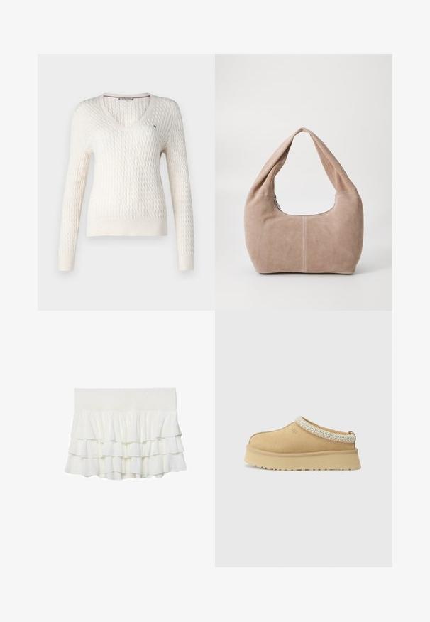 Weißer gestrickter Pullover mit V-Ausschnitt und langen Ärmeln. Verfügt über ein strukturiertes Rautenmuster und ein kleines Logo auf der linken Brust.; Weißes ärmelloses Oberteil mit verstellbaren Trägern, taillierter Passform, glattem Stoff und rundem Ausschnitt. Keine Muster oder Hardware-Details.; Weißer, gestufter Rüschensaumrock mit Gummibund, bestehend aus einem leichten, strukturierten Stoff und einem ausgestellten Design.; Beige Wildleder Slipper mit gepolstertem Kragen und strukturiertem hellblauen Akzent. Verfügt über eine dicke, strapazierfähige Außensohle mit gemusterter Profilierung.; Hobo-Tasche aus weichem Wildledermaterial in einem hellen Beigeton. Verfügt über eine runde Form, einen breiten Riemen und einen Reißverschluss.