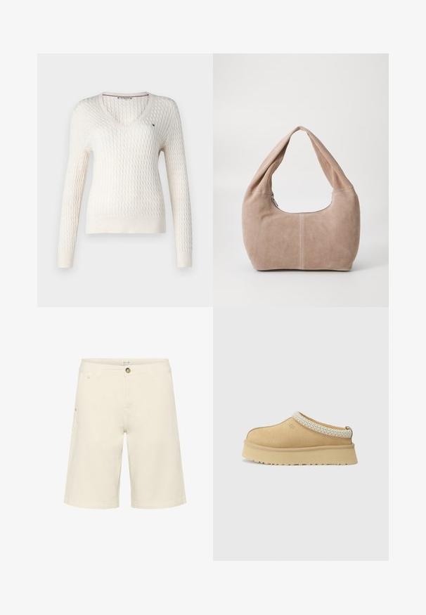 Bela pletena jopica z V-izrezom in dolgimi rokavi. Ima strukturiran rombast vzorec in majhen logo na levem prsnem delu.; Bela majica bez rukavov z nastavljivimi naramnicami, prilegajoča zasnova, gladka tekstura tkanine in okrogli izrez. Brez vzorcev ali dodatkov.; Kremne kratke hlače iz mešanice bombaža, ki imajo gumbasto zapiranje, zanke za pas in stranske žepke; gladka tekstura s pravim krojem.; Tan zamahani čevlji brez vezalk z oblazinjeno ovratnico in strukturiranim svetlo modrim poudarkom. Imajo debel, trpežen podplat z vzorčastim profilom.; Hobo torba iz mehkega, usnjeno podobnega materiala v svetlo bež barvi. Ima okroglo obliko, širok trak in zadrgo.