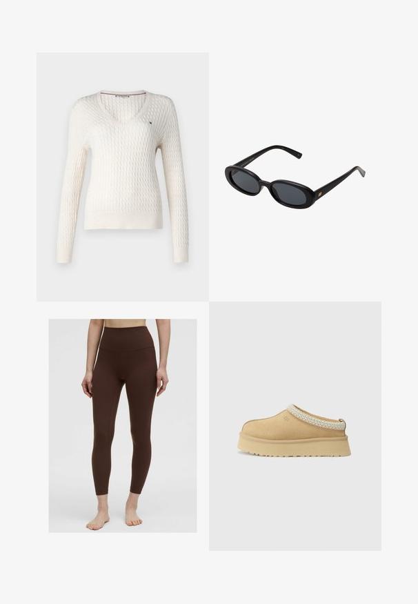 Pulover alb tricotat, cu decolteu în V și mâneci lungi. Are un model texturat în formă de diamant și un logo mic pe partea stângă a pieptului.; Top alb fără mâneci, cu bretele ajustabile, design aderent, textură de țesătură netedă și decolteu rotund. Fără modele sau detalii metalice.; Leggings maro cu talie înaltă, cu o textură netedă, design ajustat și fără modele vizibile. Detalii cu cusături pe laturi.; Pantof cu slip-on din suede bej cu o guleră căptușită și un accent texturat de culoare albastră deschisă. Prezintă o talpă groasă, durabilă, cu un model de profil.; Ochelari de soare supradimensionați, cu lentile ovale, cadru din plastic neted și accente aurii pe brațe. Lentilele întunecate oferă protecție solară.