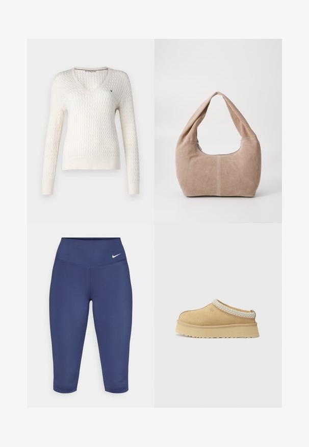 Biely pletený sveter s výstrihom do V a dlhými rukávmi. Má štruktúrovaný diamantový vzor a malú nášivku na ľavej hrudi.; Biele top bez rukávov s nastaviteľnými ramienkami, priliehajúci strih, hladká textúra látky a okrúhly výstrih. Žiadne vzory ani kovové detaily.; Námorné modré capri legíny vyrobené z elastického materiálu, s širokým pásom a malým bielym logom na ľavej strane. Bez viditeľných švov.; Béžová semišová obuv na slip-on so vypolstrovaným golierom a textúrovaným svetlomodrým akcentom. Obsahuje hrubú, odolnú podrážku so vzorovaným dezénom.; Hobo taška z mäkkej semišovej látky v svetlej béžovej farbe. Má zaoblený tvar s širokým popruhom a zipsovým uzáverom.