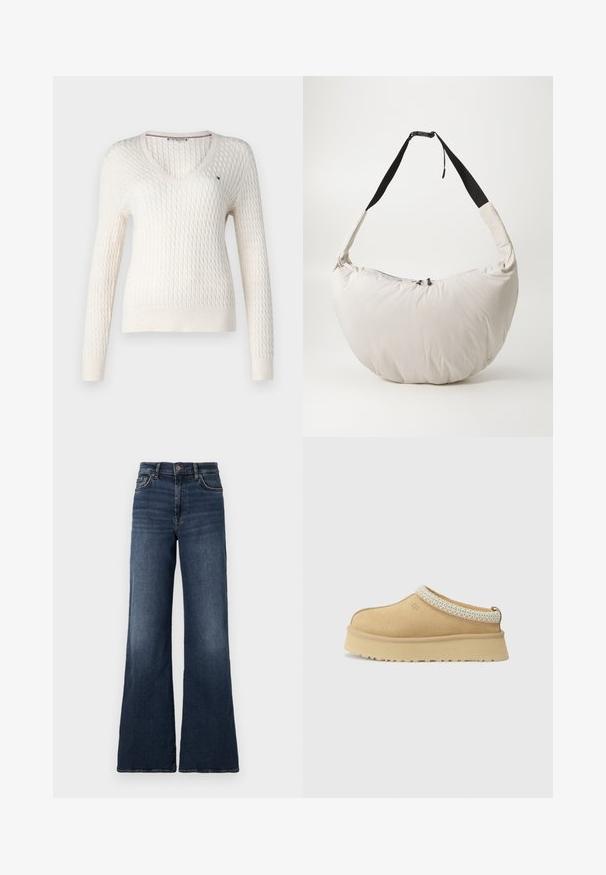 Pulover alb tricotat, cu decolteu în V și mâneci lungi. Are un model texturat în formă de diamant și un logo mic pe partea stângă a pieptului.; Top alb fără mâneci, cu bretele ajustabile, design aderent, textură de țesătură netedă și decolteu rotund. Fără modele sau detalii metalice.; Blugi din denim albastru închis, cu picioare largi și talie înaltă. Prezintă un design clasic cu cinci buzunare și o ușoară decolorare pe coapse. Închidere cu buton metalic.; Pantof cu slip-on din suede bej cu o guleră căptușită și un accent texturat de culoare albastră deschisă. Prezintă o talpă groasă, durabilă, cu un model de profil.; Geantă de umăr căptușită, de culoare bej deschis, cu o formă curbată, în formă de semilună. Curea neagră, închidere cu fermoar și un logo subtil pe față. Textură moale.
