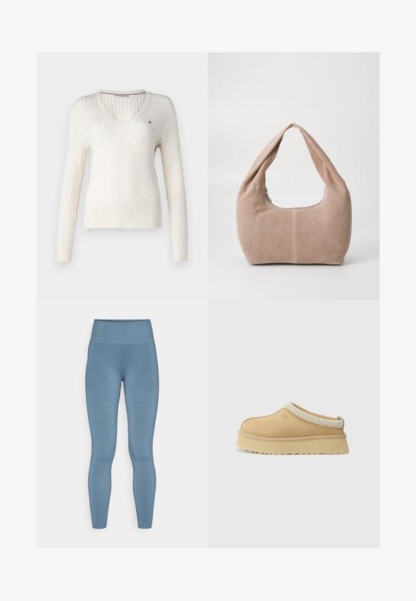 Fehér, kötött pulcsi V nyakkal és hosszú ujjal. Szegett gyémánt mintázattal és egy kis logóval a bal mellrészen.; Fehér ujjatlan felső állítható pántokkal, testhez simuló kivitel, sima szövettextúra és kerek nyakkivágás. Nincsenek minták vagy fémrészek.; Felsőnadrág sima, rugalmas anyagból, világoskék színben, testhezálló kialakítással, minta vagy látható varrások nélkül.; Barna velúr slip-on cipő párnázott gallérral és texturált világoskék díszítéssel. Vastag, tartós talppal rendelkezik, amely mintás barázdákkal ellátott.; Puha, velúr anyagból készült hobo táska világos bézs színben. Jellemzője a kerek forma, széles pánt és cipzáras záródás.