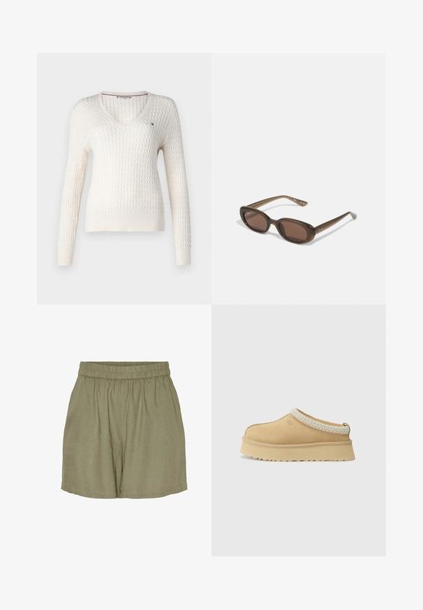 Maglione bianco lavorato a maglia con scollatura a V e maniche lunghe. Presenta un motivo a diamante testurizzato e un piccolo logo sul lato sinistro del petto.; Top bianco senza maniche con spalline regolabili, design aderente, tessuto liscio e scollo rotondo. Nessun motivo o dettagli in metallo.; Pantaloni corti in lino verde oliva con vita elasticizzata, caratterizzati da una vestibilità rilassata, drappeggio informale e orlo sartoriale. Tessuto leggero e traspirante.; Scarpa slip-on in suede color sabbia con colletto imbottito e accento in tessuto blu chiaro testurizzato. Presenta una suola spessa e resistente con battistrada decorato.; Occhiali da sole ovali marroni con lenti scure. La montatura è realizzata in un materiale marrone trasparente e presenta un logo stampato sulle tempie.; Borsa tote beige intrecciata con un design morbido e una sola tracolla. Presenta un motivo Texturizzato su tutta la superficie.