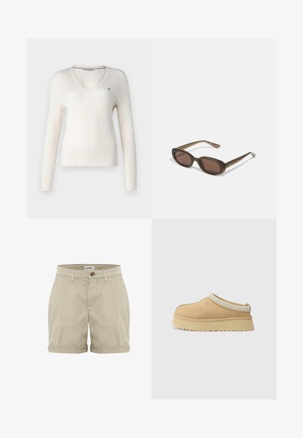 Bijela pletiva dukserica s V-izrezom i dugim rukavima. Ima teksturirani dijamantni uzorak i mali logotip na lijevoj strani prsnog koša.; Bijela majica bez rukava s podesivim naramenicama, prilagođenog kroja, s glatkom teksturom tkanine i okruglim izrezom. Nema uzoraka ili metalnih detalja.; Bež pamukaste kratke hlače s roliranim rubom, imaju prednje dugme za zatvaranje i šivene džepove. Glatka tekstura s minimalnim detaljima.; Svi trsno bež slip-on cipele s podstavljenim ovratnikom i teksturiranim svijetloplavi akcentom. Ima debeo, izdržljiv potplat s uzorkom.; Smeđe ovalne sunčane naočale s tamnim staklima. Okvir je od prozirnog smeđeg materijala i ima otisnut logo na sljepoočnicama.; Torbica od bež tkanine sa ležernim dizajnom i jednim remenom za rame. Ima teksturirani uzorak po cijeloj površini.