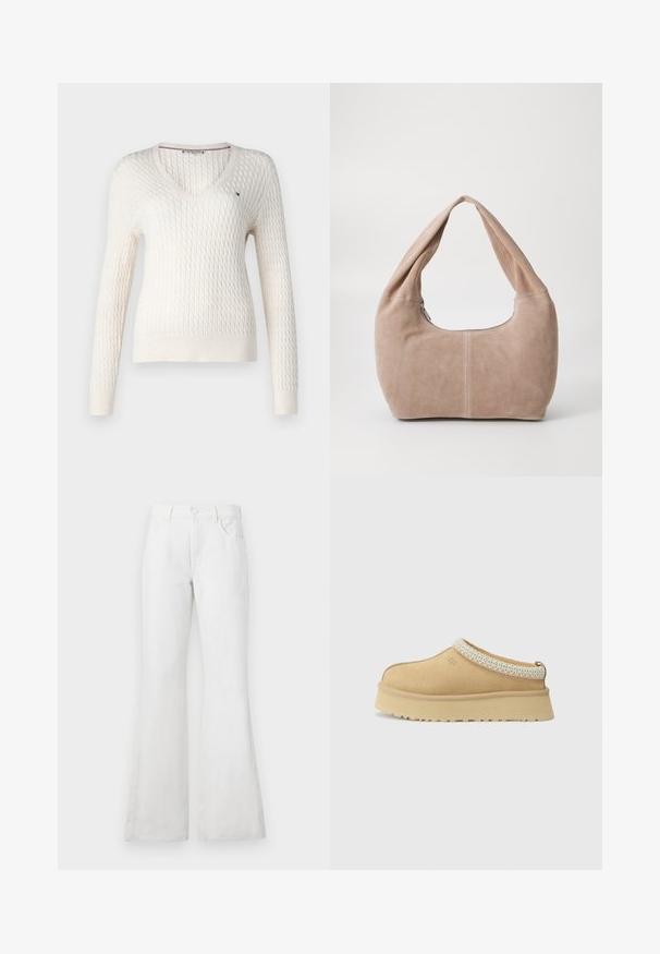 Pull en tricot blanc avec un col en V et des manches longues. Présente un motif en losange texturé et un petit logo sur la poitrine gauche.; Top sans manches blanc avec bretelles réglables, design ajusté, texture de tissu lisse et encolure ronde. Aucun motif ni détail matériel.; Jean en denim blanc évasés avec une taille haute, dotés de poches avant, passants de ceinture et une fermeture à bouton classique. Texture lisse, design décontracté.; Chaussure slip-on en daim beige avec un col rembourré et un accent texturé bleu clair. Elle dispose d'une semelle extérieure épaisse et durable avec un profil de traction.; Sac hobo en matériau suédé doux de couleur beige clair. Présente une forme arrondie avec une large sangle et une fermeture éclair.