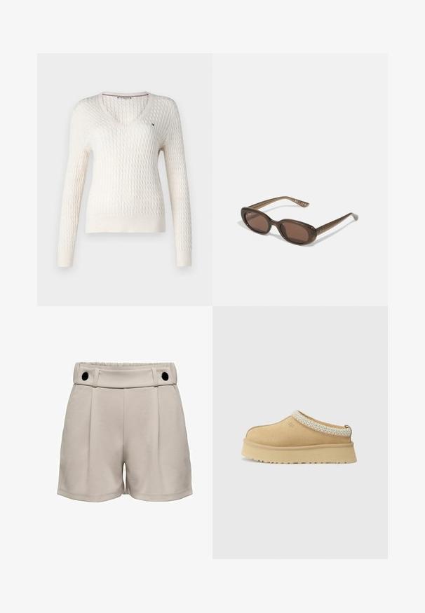 Suéter branco de malha com decote em V e mangas longas. Apresenta um padrão em diamante texturizado e um pequeno logotipo no lado esquerdo do peito.; Top branco sem mangas com alças ajustáveis, design ajustado, textura de tecido suave e decote redondo. Sem padrões ou detalhes de metal.; Calções bege claro com uma cintura alta, frente plissada e dois botões pretos na cintura. Textura suave e design casual.; Sapato slip-on em camurça bege com um colarinho acolchoado e um detalhe texturado em azul claro. Apresenta uma sola espessa e durável com um padrão de ranhuras.; Óculos de sol ovais castanhos com lentes escuras. A armação é feita de um material castanho transparente e apresenta um logótipo impresso nas hastes.; Saco tote bege tecido com um design relaxado e uma única alça de ombro. Apresenta um padrão texturizado por toda a superfície.