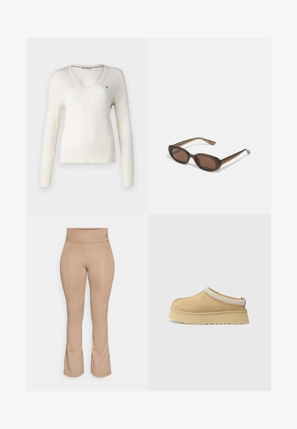 Weißer gestrickter Pullover mit V-Ausschnitt und langen Ärmeln. Verfügt über ein strukturiertes Rautenmuster und ein kleines Logo auf der linken Brust.; Weißes ärmelloses Oberteil mit verstellbaren Trägern, taillierter Passform, glattem Stoff und rundem Ausschnitt. Keine Muster oder Hardware-Details.; Hautfarbene Leggings mit hohem Bund, ausgestelltem Saum, glatter Textur und ohne sichtbare Muster oder Hardware-Details.; Beige Wildleder Slipper mit gepolstertem Kragen und strukturiertem hellblauen Akzent. Verfügt über eine dicke, strapazierfähige Außensohle mit gemusterter Profilierung.; Braune ovale Sonnenbrillen mit dunklen Gläsern. Das Gestell besteht aus einem transparenten braunen Material und hat ein auf den Bügeln aufgedrucktes Logo.; Beige Woven Tote Bag mit lässigem Design und einem einzelnen Schulterriemen. Verfügt über ein strukturiertes Muster auf der gesamten Oberfläche.